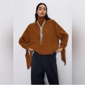 Zara Brown Turtleneck Knit Sweater with Tie Cuffs